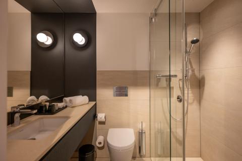 Bathroom with shower cabin and sink in front of a large mirror